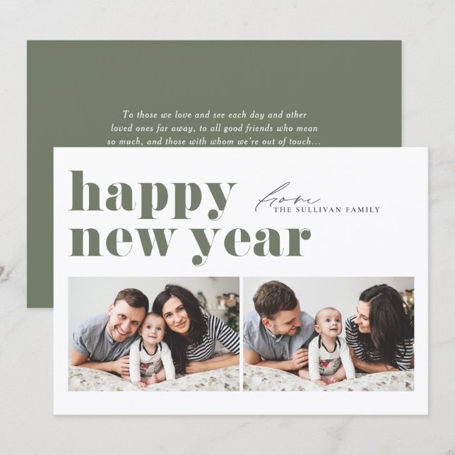 Taupe Green Retro Typography Photo Happy New Year Holiday Card (Front/Back)