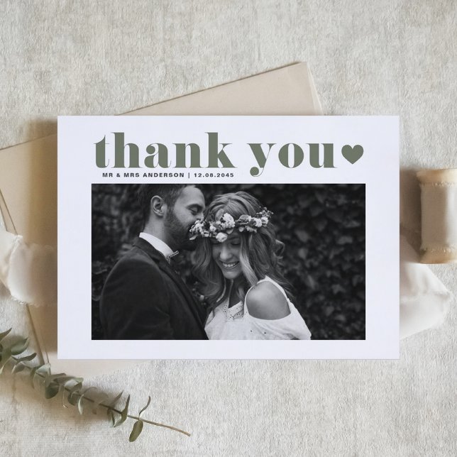 Taupe Green Retro Typography Wedding Thank You Postcard (Taupe Green Retro Bold Typography Photo Wedding Thank You Postcard)