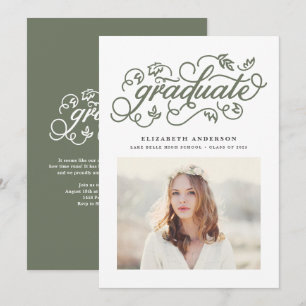 Taupe Green Rustic Calligraphy Photo Graduation Invitation