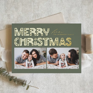 Taupe Green Scandinavian Two Photo Christmas Foil Holiday Card