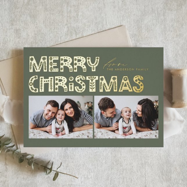 Taupe Green Scandinavian Two Photo Christmas Foil Holiday Card (Creator Uploaded)