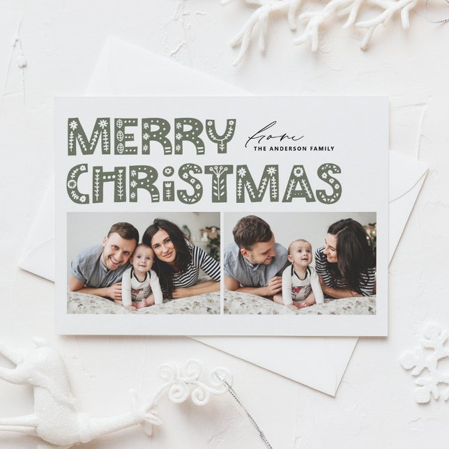 Taupe Green Scandinavian Two Photo Christmas Holiday Postcard (Creator Uploaded)