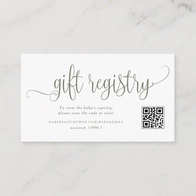 Taupe Green Script Baby Shower QR Code Registry Enclosure Card (Front)