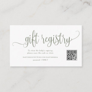 Taupe Green Script Baby Shower QR Code Registry Enclosure Card