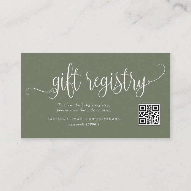 Taupe Green Script Baby Shower QR Code Registry Enclosure Card (Front)