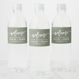 Taupe Green Welcome Lettering Custom Wedding Water Bottle Label