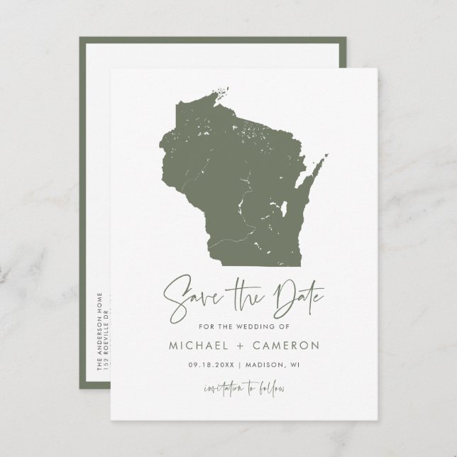 Taupe Green Wisconsin Map QR Code Save the Date Announcement Postcard (Front/Back)