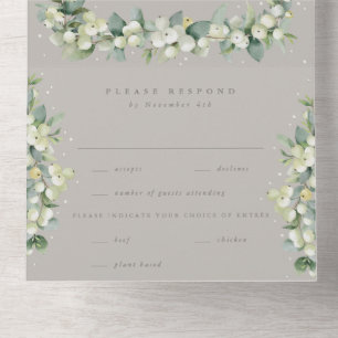 Taupe/Greige Snowberry+Eucalyptus Winter Wedding All In One Invitation