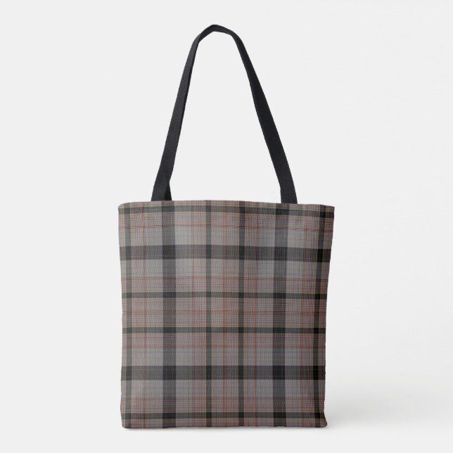 Taupe Grey Black Red Tartan Plaid Tote Bag (Back)