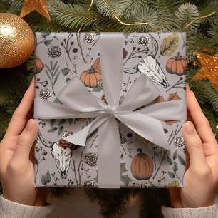 Taupe Grey Fall Harvest and Cow Skulls Halloween Wrapping Paper