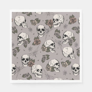 Taupe Grey Gothic Skulls and Roses Halloween Napkin