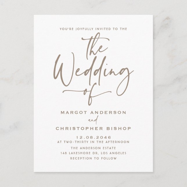 Taupe Hand Lettered Calligraphy Boho Wedding Invitation Postcard (Front)