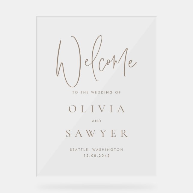 Taupe Handwritting Script Wedding Welcome Acrylic Sign (Front)