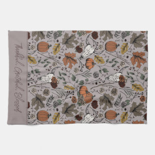 Taupe Harvest and Horns Thankful Grateful Blessed Tea Towel