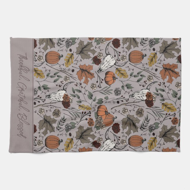 Taupe Harvest and Horns Thankful Grateful Blessed Tea Towel (Horizontal)