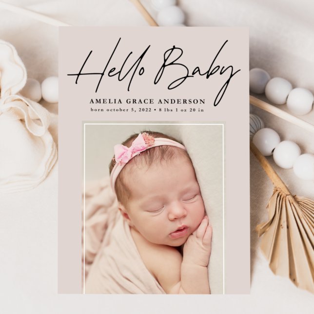 Taupe Hello Baby 2 Photo Birth Announcement (Creator Uploaded)