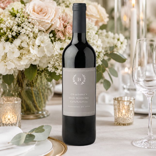 Taupe ivory monogram wreath birthday wine label (Creator Uploaded)
