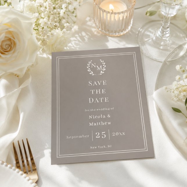 Taupe Ivory monogram wreath wedding Save the Date  (Creator Uploaded)