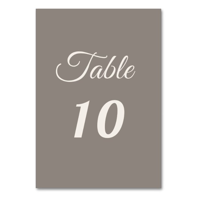 Taupe ivory script wedding table number (Front)