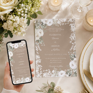 Taupe Ivory white roses snow winter wedding Invitation