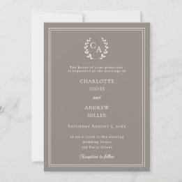 Taupe ivory wreath monogram simple wedding invitation