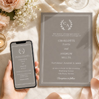 Taupe ivory wreath monogram simple wedding invitation