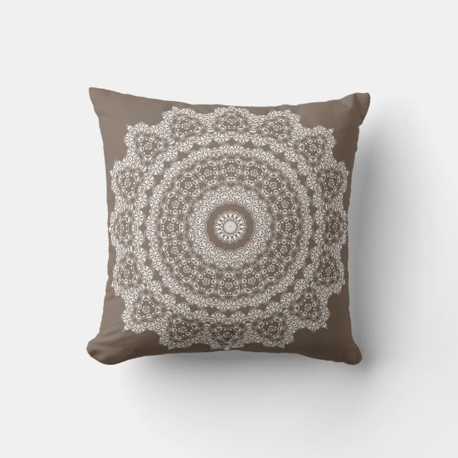 Taupe Lace Pattern Throw Pillow (Front)
