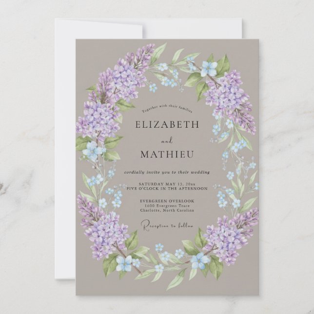 Taupe Lilac Wreath Wedding Invitation (Front)