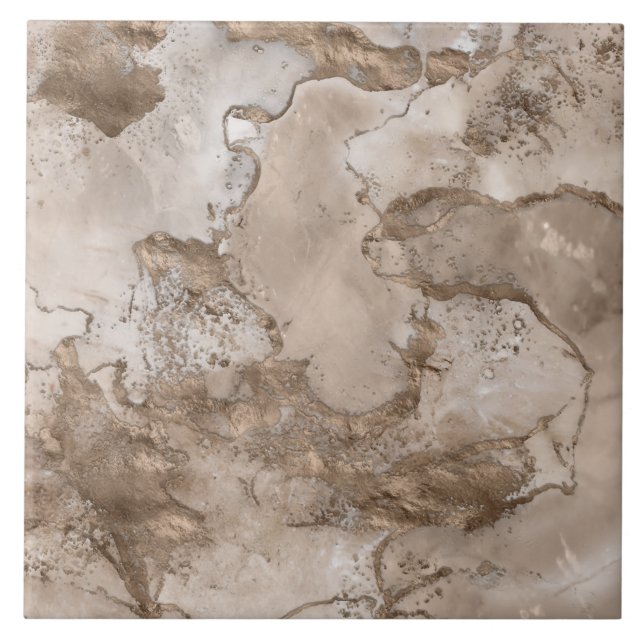 Taupe marble and gold abstract ceramic tile (Front)