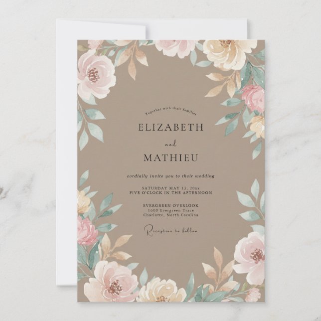 Taupe Mauve Leafy Wedding Invitation (Front)
