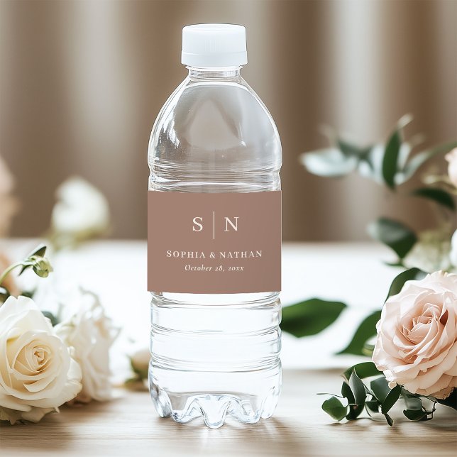 Taupe Minimal and Chic | Monogram Wedding Water Bottle Label (Creator Uploaded)