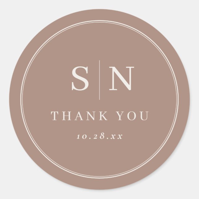 Taupe Minimal and Chic | Wedding Initial Classic Round Sticker (Front)