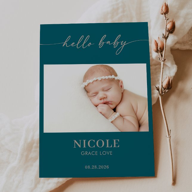 Taupe Minimal Hello Baby Photo Announcement Card (Creator Uploaded)