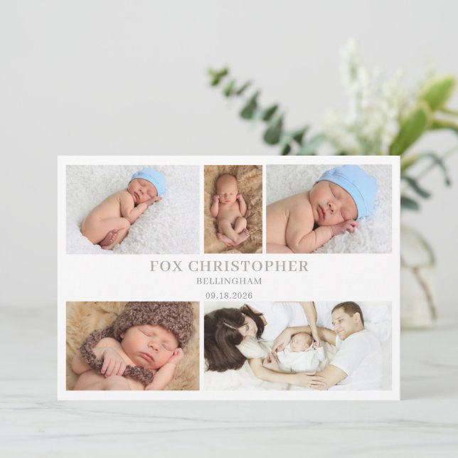 Taupe Minimal Photo Collage Baby Announcement Card (Standing Front)