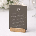 Taupe Minimal Wedding Table Number with Guest List<br><div class="desc">Elegant minimalist wedding table number card featuring a refined taupe background and clean white typography. This sophisticated seating card design includes a large table number with a guest list layout, making it perfect for organizing reception seating arrangements in a stylish and modern way. The understated neutral palette creates a timeless...</div>