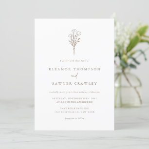 Taupe Minimalist Floral Bouquet QR Code Wedding Invitation