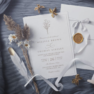 Taupe Minimalist Floral Bouquet QR Code Wedding Invitation