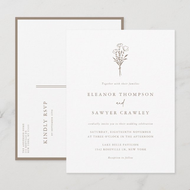 Taupe Minimalist Floral Bouquet Wedding Invitation Postcard (Front/Back)