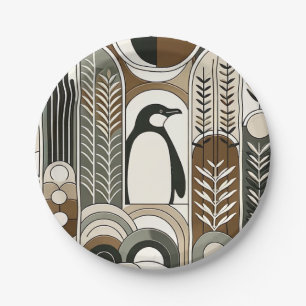 Taupe Mocha Abstract Grain Arcs Pattern Penguin Paper Plate