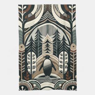 Taupe Mocha Ivory Penguin Forest With Arcs Trees Tea Towel
