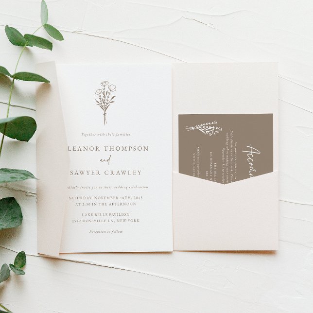 Taupe Modern Minimalist Floral Bouquet Wedding Invitation (Creator Uploaded)
