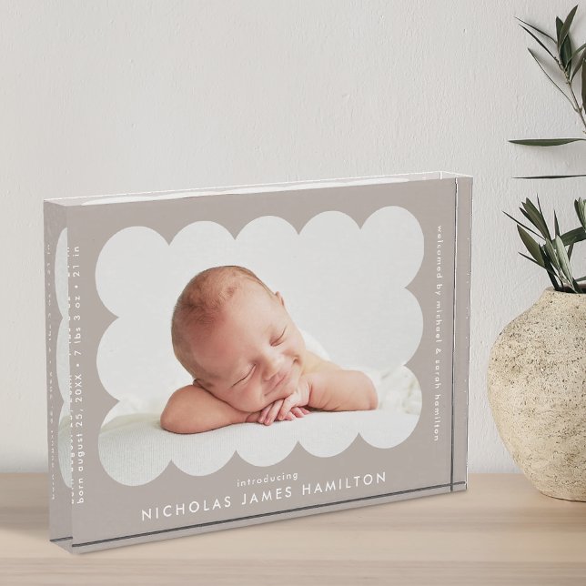 Taupe Modern Scalloped Birth Announcement Photo Block (Creator Uploaded)