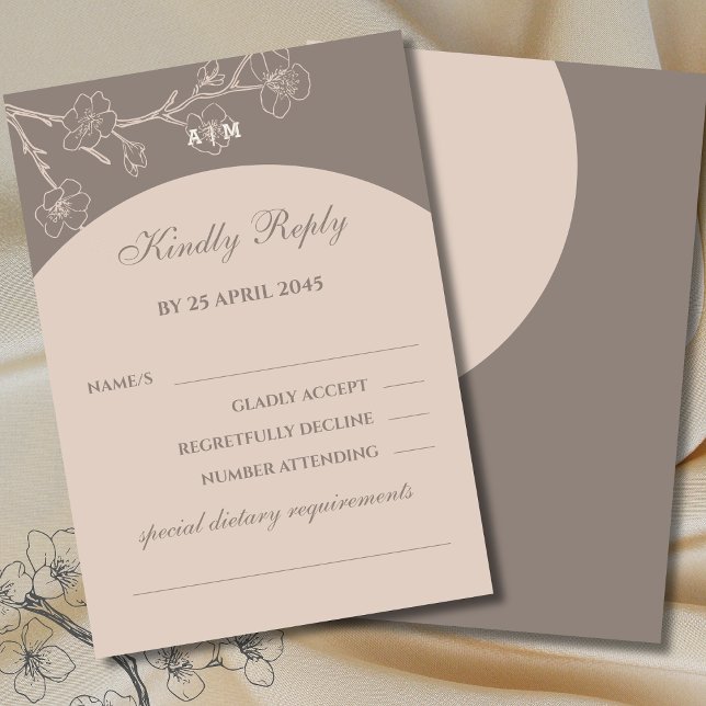 Taupe Monogram Floral Japandi Wedding RSVP Card  (Creator Uploaded)