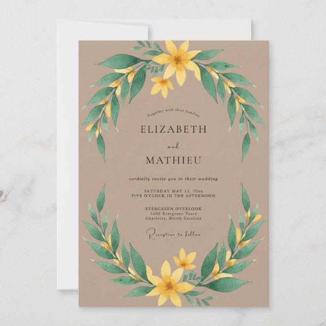 Taupe Mustard Leafy Wedding Invitation (Front)