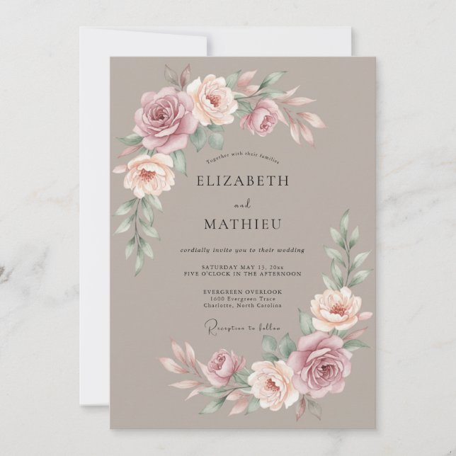 Taupe Muted Floral Wedding Invitation (Front)