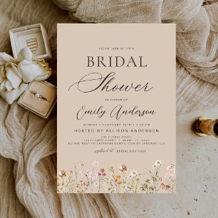 Taupe Neutral Boho Wildflower Bridal Shower Invitation