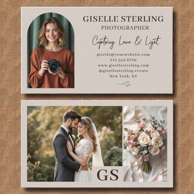 Taupe Neutral Elegant Photo Script Professional Business Card (Creator Uploaded)