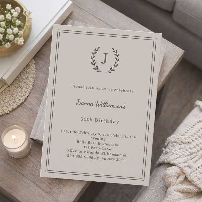Taupe neutral monogrammed wreath minimalist invitation (Creator Uploaded)