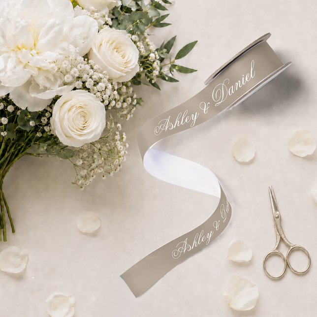 Taupe Neutrals Elegant Script Calligraphy Wedding Satin Ribbon (Creator Uploaded)