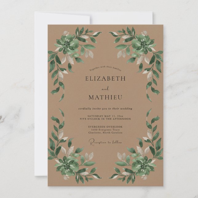 Taupe Olive Leaf Wedding Invitation (Front)